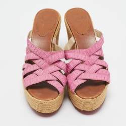 Pre Owned Christian Louboutin Pink Pleated Fabric Espadrille Wedge Slide Sandals Size 41