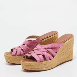 Pre Owned Christian Louboutin Pink Pleated Fabric Espadrille Wedge Slide Sandals Size 41