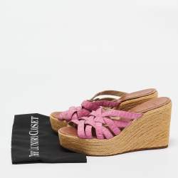 Pre Owned Christian Louboutin Pink Pleated Fabric Espadrille Wedge Slide Sandals Size 41