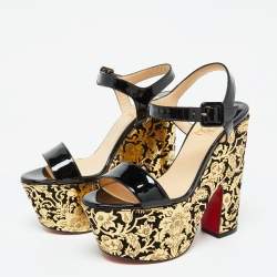 Christian Louboutin Black/Gold Patent Leather Bella Tige Floral Platform Sandals Size 36