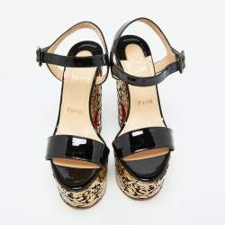 Christian Louboutin Black/Gold Patent Leather Bella Tige Floral Platform Sandals Size 36