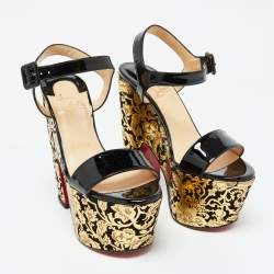 Christian Louboutin Black/Gold Patent Leather Bella Tige Floral Platform Sandals Size 36