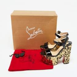 Christian Louboutin Black/Gold Patent Leather Bella Tige Floral Platform Sandals Size 36