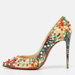 Pre Owned Christian Louboutin Multicolor Hawaiin Print Patent Leather Pigalle Follies Spikes Pumps Size 40