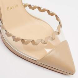 Pre Owned Christian Louboutin Beige Leather and PVC Platform Ankle Strap Pumps Size 38