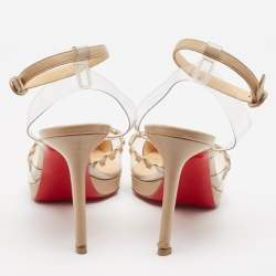 Pre Owned Christian Louboutin Beige Leather and PVC Platform Ankle Strap Pumps Size 38