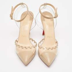 Pre Owned Christian Louboutin Beige Leather and PVC Platform Ankle Strap Pumps Size 38