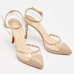 Pre Owned Christian Louboutin Beige Leather and PVC Platform Ankle Strap Pumps Size 38