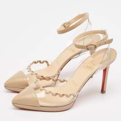 Pre Owned Christian Louboutin Beige Leather and PVC Platform Ankle Strap Pumps Size 38