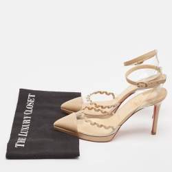 Pre Owned Christian Louboutin Beige Leather and PVC Platform Ankle Strap Pumps Size 38