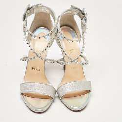 Pre Owned Christian Louboutin Silver Lurex Fabric and Leather Choca Lux Sandals Size 39