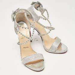 Pre Owned Christian Louboutin Silver Lurex Fabric and Leather Choca Lux Sandals Size 39