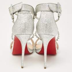 Pre Owned Christian Louboutin Silver Lurex Fabric and Leather Choca Lux Sandals Size 39