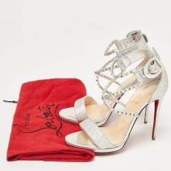 Pre Owned Christian Louboutin Silver Lurex Fabric and Leather Choca Lux Sandals Size 39