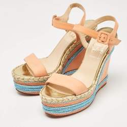 Pre Owned Christian Louboutin Orange Nubuck Leather Wedge Sandals Size 38