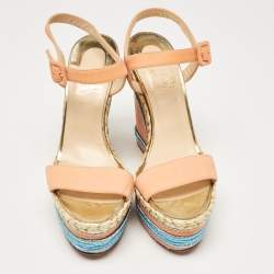 Pre Owned Christian Louboutin Orange Nubuck Leather Wedge Sandals Size 38