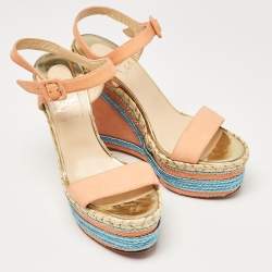 Pre Owned Christian Louboutin Orange Nubuck Leather Wedge Sandals Size 38