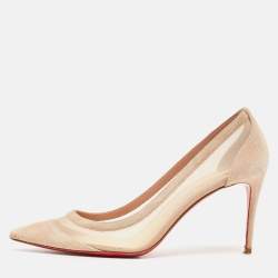 Pre Owned Christian Louboutin Beige Mesh and Suede Galativi Strass Pumps  Size 38.5