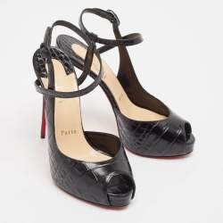 Pre Owned Christian Louboutin Black Embossed Croc Jenlove Alta Sandals Size 38