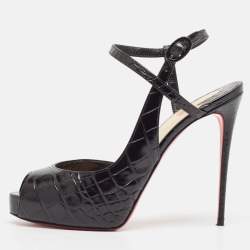 Pre Owned Christian Louboutin Black Embossed Croc Jenlove Alta Sandals Size 38