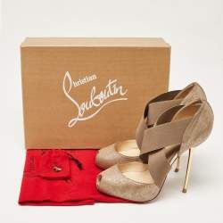 Pre Owned Christian Louboutin Gold Textured Suede and Elastic Big Dorcet Pumps Size 38