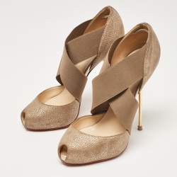 Pre Owned Christian Louboutin Gold Textured Suede and Elastic Big Dorcet Pumps Size 38
