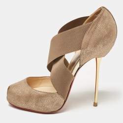 Pre Owned Christian Louboutin Gold Textured Suede and Elastic Big Dorcet Pumps Size 38