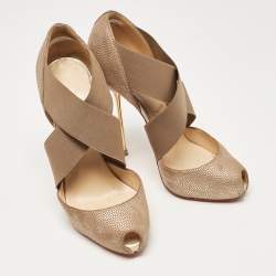 Pre Owned Christian Louboutin Gold Textured Suede and Elastic Big Dorcet Pumps Size 38