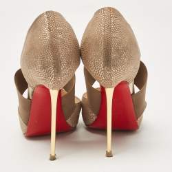 Pre Owned Christian Louboutin Gold Textured Suede and Elastic Big Dorcet Pumps Size 38