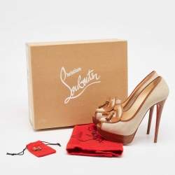 Pre Owned Christian Louboutin Beige/Brown Canvas and Leather Alta Campus Pumps Size 38.5