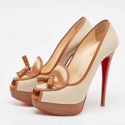 Pre Owned Christian Louboutin Beige/Brown Canvas and Leather Alta Campus Pumps Size 38.5