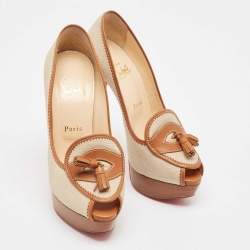 Pre Owned Christian Louboutin Beige/Brown Canvas and Leather Alta Campus Pumps Size 38.5