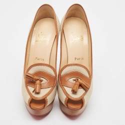Pre Owned Christian Louboutin Beige/Brown Canvas and Leather Alta Campus Pumps Size 38.5