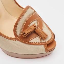 Pre Owned Christian Louboutin Beige/Brown Canvas and Leather Alta Campus Pumps Size 38.5