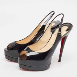 Christian Louboutin Black Patent Leather Lady Peep Sling Peep Toe Pumps Size 38.5