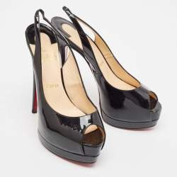 Christian Louboutin Black Patent Leather Lady Peep Sling Peep Toe Pumps Size 38.5