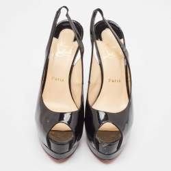 Christian Louboutin Black Patent Leather Lady Peep Sling Peep Toe Pumps Size 38.5