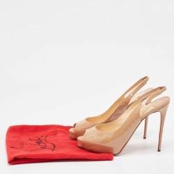 Pre Owned Christian Louboutin Beige Patent Leather Private Number Peep Toe Pumps Size 38