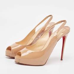 Pre Owned Christian Louboutin Beige Patent Leather Private Number Peep Toe Pumps Size 38