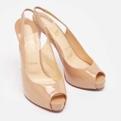 Pre Owned Christian Louboutin Beige Patent Leather Private Number Peep Toe Pumps Size 38