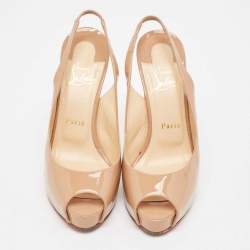Pre Owned Christian Louboutin Beige Patent Leather Private Number Peep Toe Pumps Size 38
