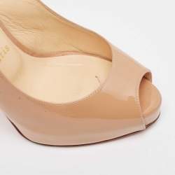 Pre Owned Christian Louboutin Beige Patent Leather Private Number Peep Toe Pumps Size 38