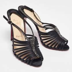 Christian Louboutin Black Satin Bretelle Ankle Strap Sandals Size 39.5