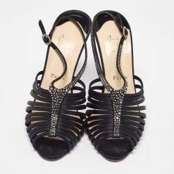 Christian Louboutin Black Satin Bretelle Ankle Strap Sandals Size 39.5