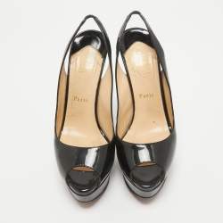 Christian Louboutin Black Patent Leather Lady Peep Slingback Pumps Size 39