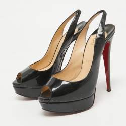 Christian Louboutin Black Patent Leather Lady Peep Slingback Pumps Size 39