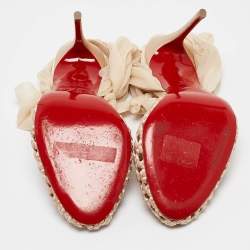 Pre Owned Christian Louboutin Beige Woven Satin and Fabric Ankle Tie Pumps Size 35.5