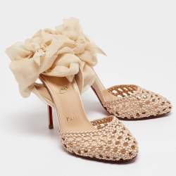 Pre Owned Christian Louboutin Beige Woven Satin and Fabric Ankle Tie Pumps Size 35.5