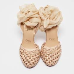 Pre Owned Christian Louboutin Beige Woven Satin and Fabric Ankle Tie Pumps Size 35.5