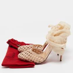 Pre Owned Christian Louboutin Beige Woven Satin and Fabric Ankle Tie Pumps Size 35.5
